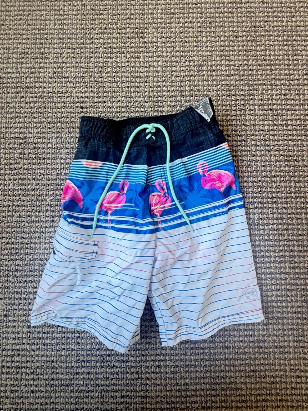 Ocean Current Blue Stripe Swim Trunks with Pink Flamingos Men’s small